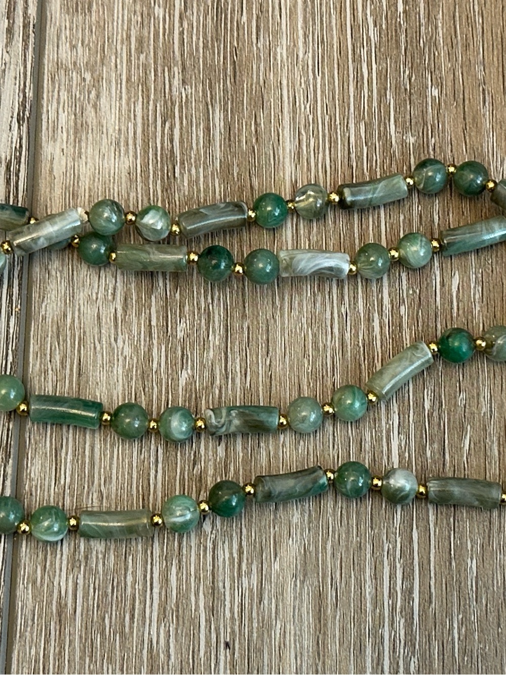 Fabulous 29” Long Beaded Vintage Necklace W Marbled Green Plastic Beads